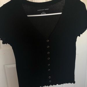 American Eagle Black V-Neck Tee Shirt with Ruffles